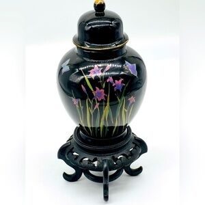 Ornate Japanese Black Glazed Ceramic Ginger Jar